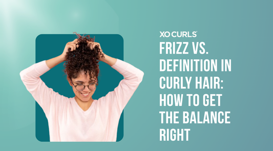 All About Frizz and Definition blog on XO curls with a curly hair model picture.