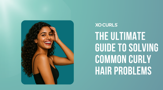 Woman with healthy, bouncy curls smiling confidently in a black top against a deep teal background, featured in XO Curls’ blog titled “The Ultimate Guide to Solving Common Curly Hair Problems.”