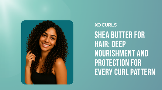 Woman with defined curls smiling confidently in a black top against a deep teal background, featured in XO Curls’ blog titled “Shea Butter for Hair: Deep Nourishment and Protection for Every Curl Pattern.”