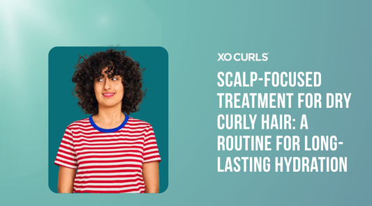 Woman with short curly hair wearing a red and white striped shirt, looking sideways, next to text that reads "XO Curls – Scalp-Focused Treatment for Dry Curly Hair: A Routine for Long-Lasting Hydration" on a teal background