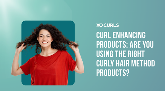 Smiling woman with long curly hair wearing a red shirt, holding her hair up on both sides, next to text that reads "XO Curls – Curl Enhancing Products: Are You Using the Right Curly Hair Method Products?" on a teal background.