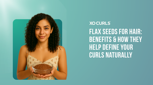 Flax Seeds for Hair with a curly hair model holding it 